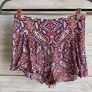 Blue and orange patterned high waisted shorts